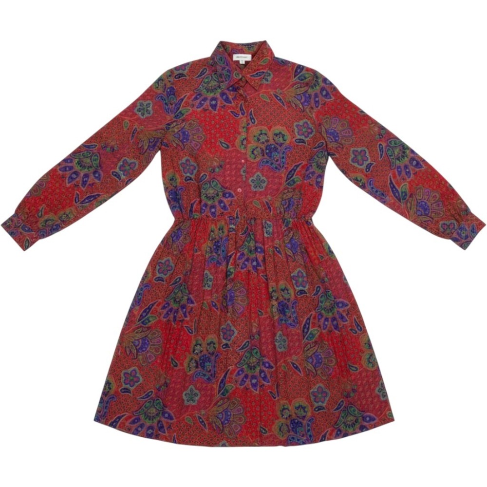 Lady Carol Petites Vintage Red Paisley Pleated Midi Dress Long Sleeve Size 8